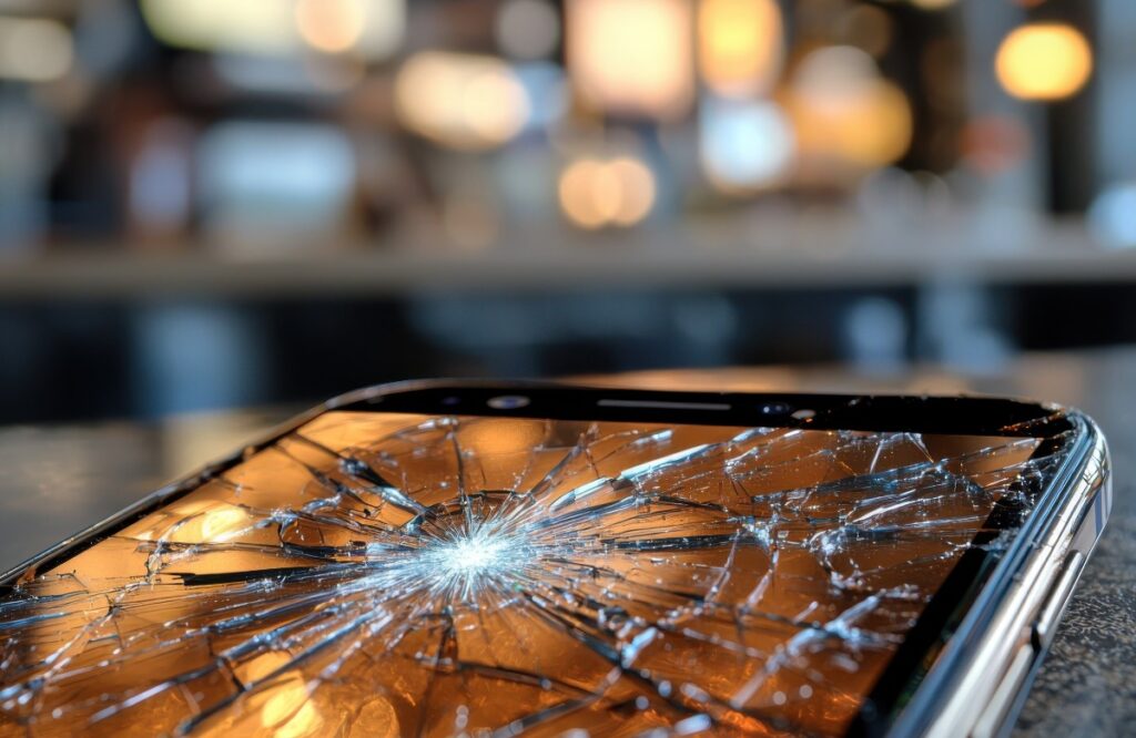 Nahaufnahme eines zerbrochenen Smartphone-Bildschirms, wobei das zerbrochene Glas vor einem unscharfen Café-Hintergrund hervorgehoben wird.